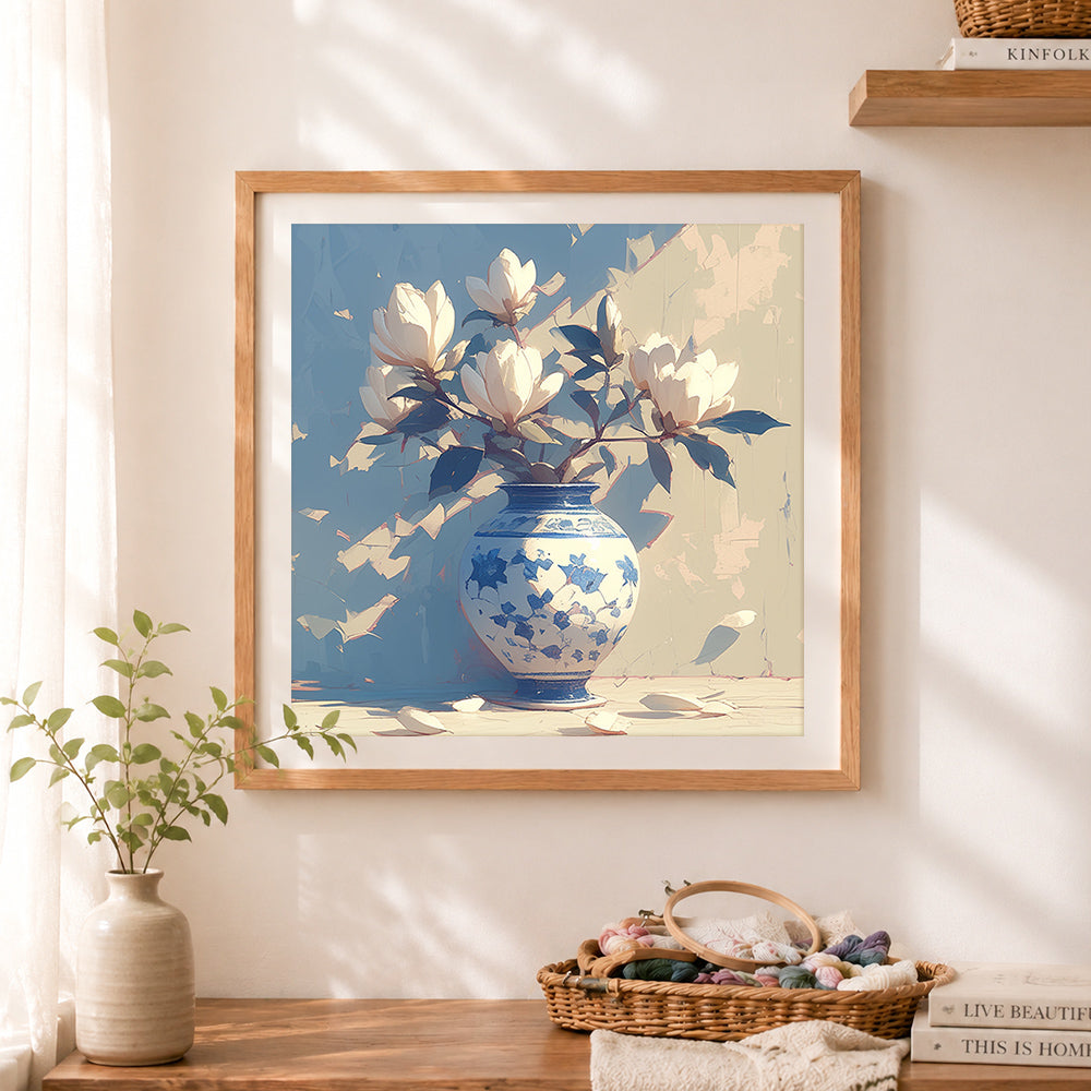 Finished elegant magnolias in blue and white chinoiserie vase cross stitch artwork displayed as home decor