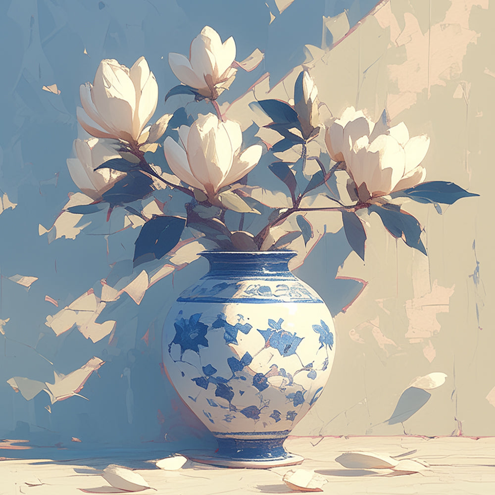 Elegant magnolias in blue and white chinoiserie vase cross stitch kit for beginners