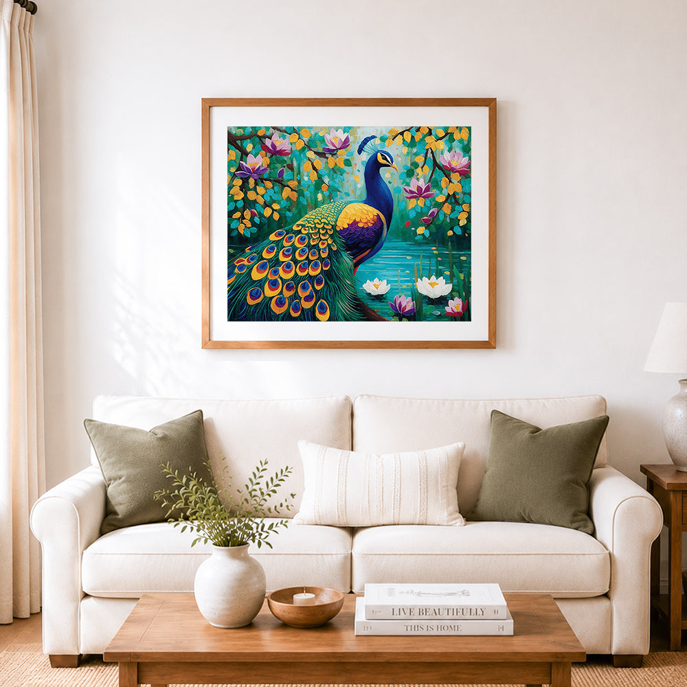 Finished elegant peacock by lotus pond cross stitch artwork displayed as home decor