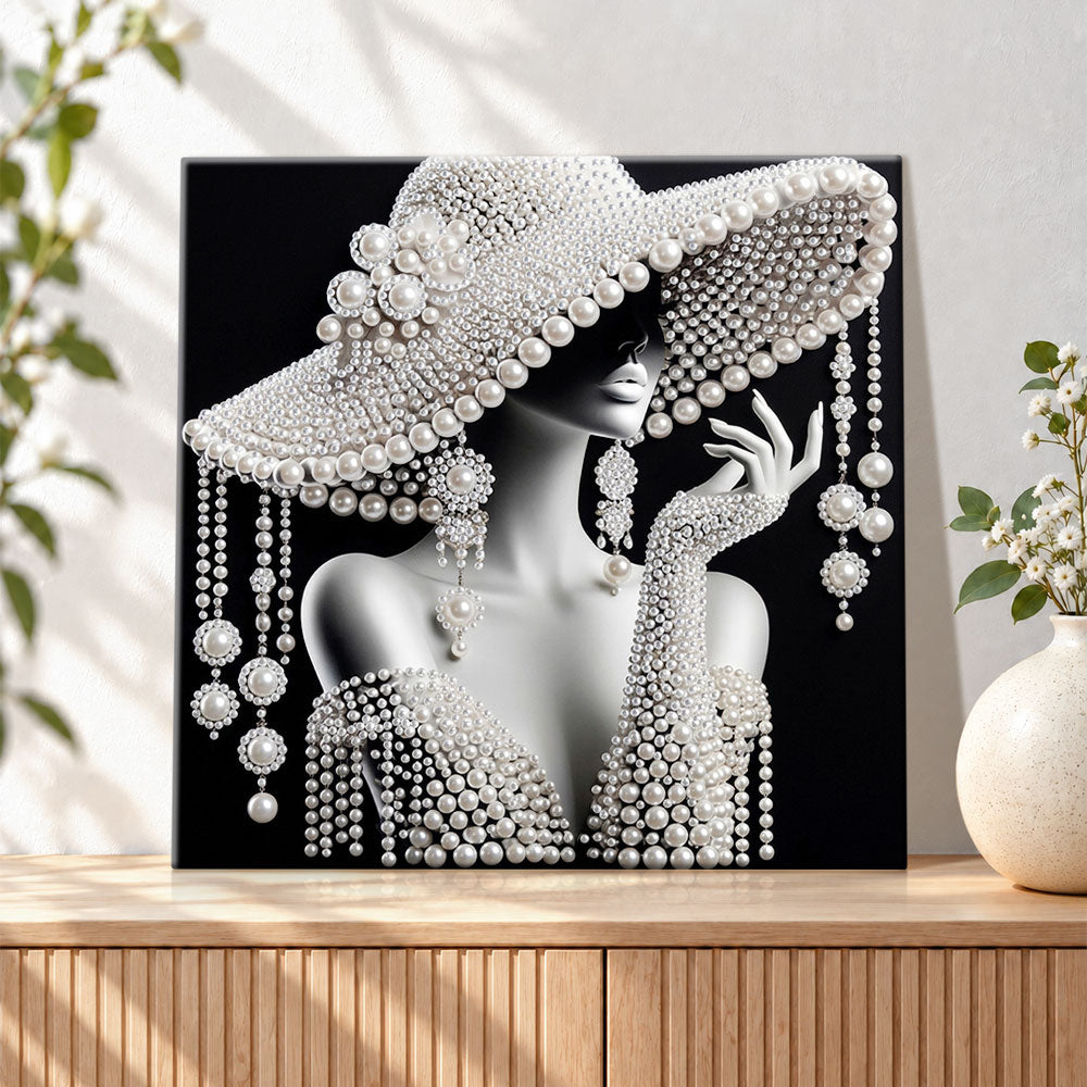 Finished elegant pearl‑adorned lady pearl diamond painting artwork displayed as holiday home decor