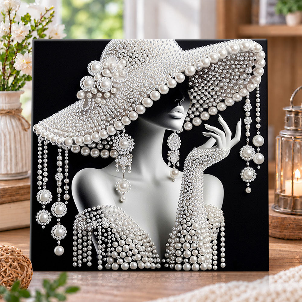Elegant pearl‑adorned lady pearl diamond painting kit for beginners