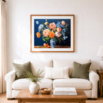 Finished elegant peony vase still life cross stitch artwork displayed as home decor