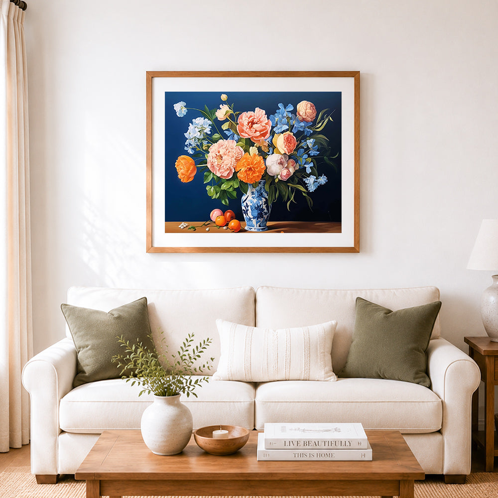 Finished elegant peony vase still life cross stitch artwork displayed as home decor