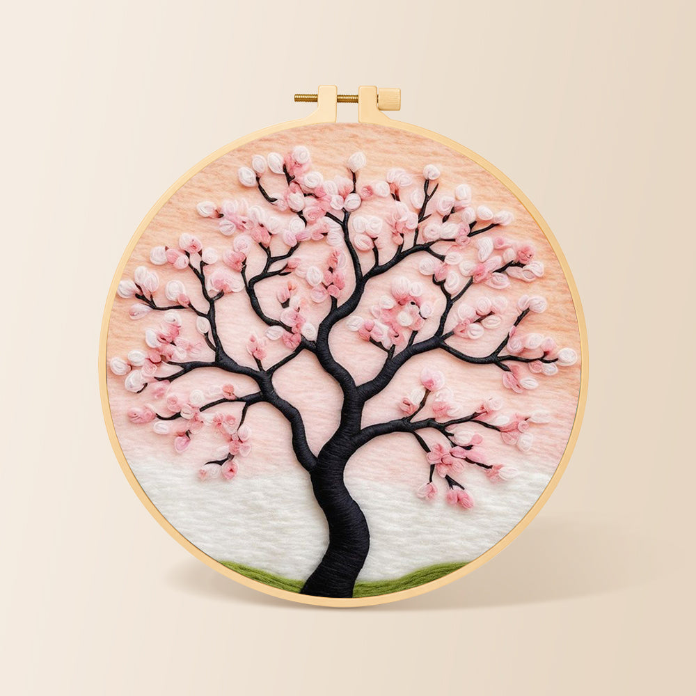 Elegant pink cherry blossom tree needle felting kit for beginners with a round wooden frame