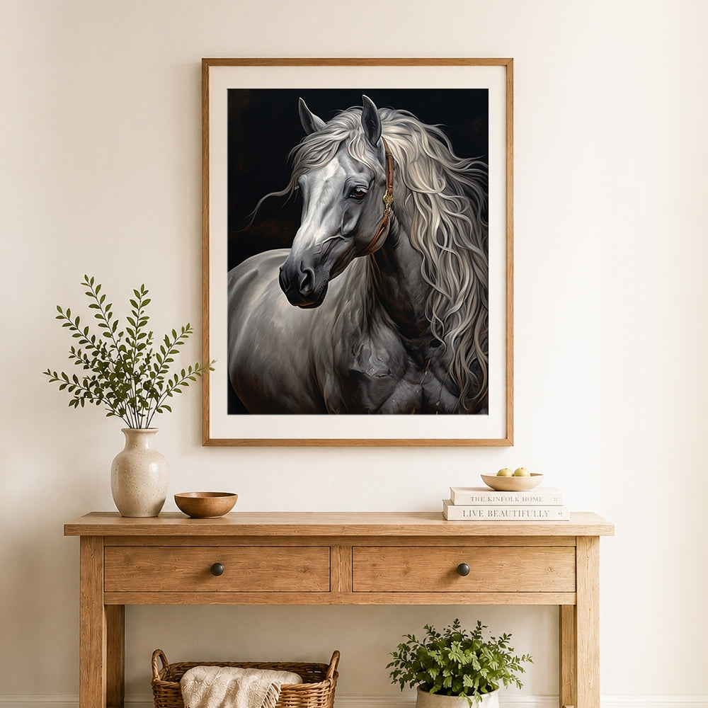 Finished elegant silver gray horse with tack cross stitch artwork displayed as home decor