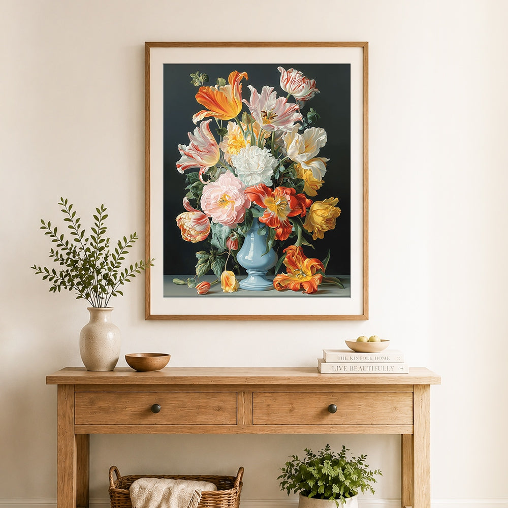 Finished elegant tulips and peonies in blue vase cross stitch artwork displayed as home decor
