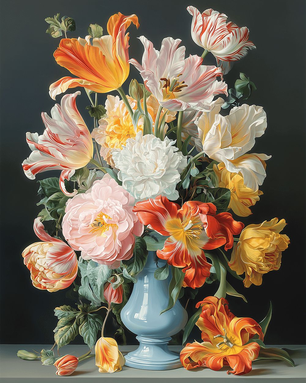 Elegant tulips and peonies in blue vase cross stitch kit for beginners