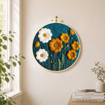 Elegant white and yellow daisies needle felt wall art displayed in a bright home interior