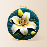 Elegant white lily needle felting kit for beginners with a round wooden frame