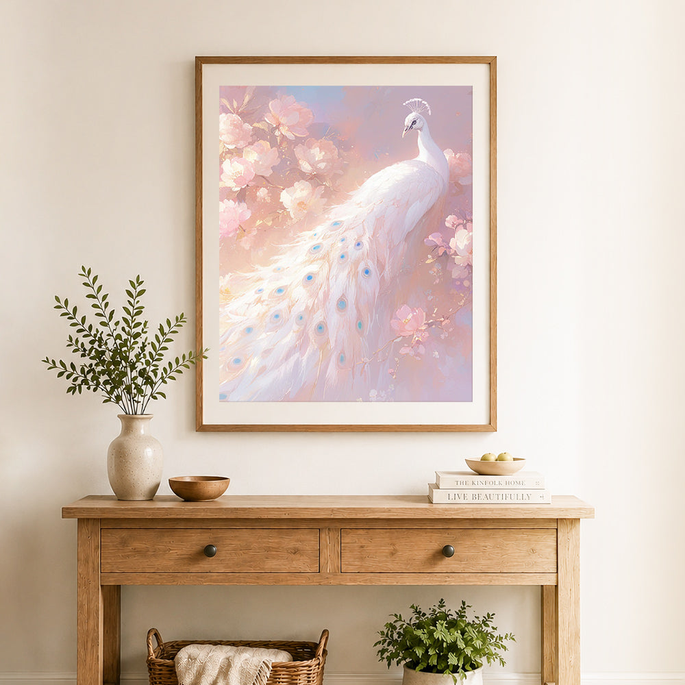 Finished elegant white peacock cross stitch artwork displayed as home decor
