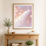 Finished elegant white peacock cross stitch artwork displayed as home decor
