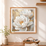 Finished elegant white peonies cross stitch artwork displayed as home decor