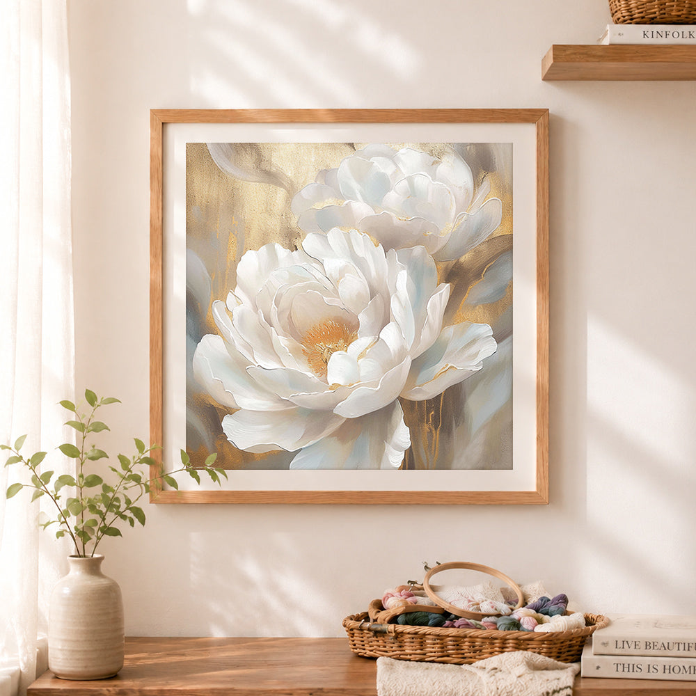 Finished elegant white peonies cross stitch artwork displayed as home decor