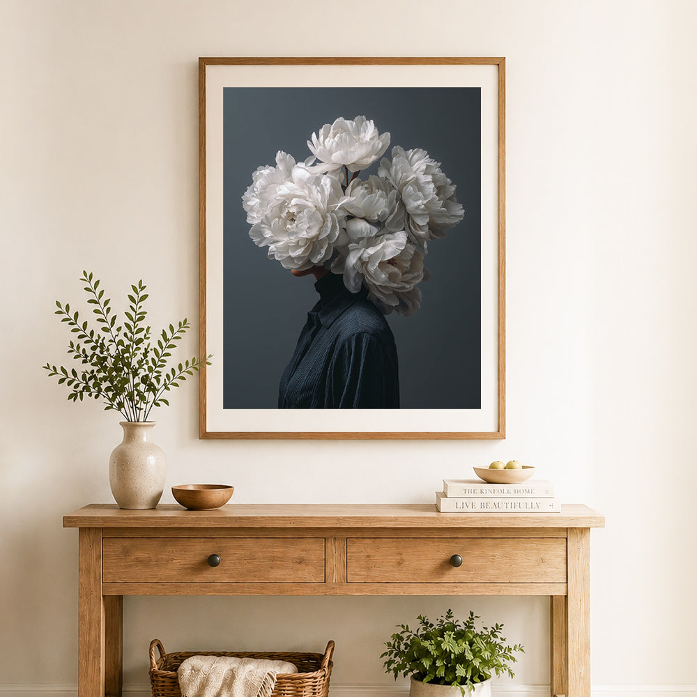 Finished elegant white peony art cross stitch artwork displayed as home decor