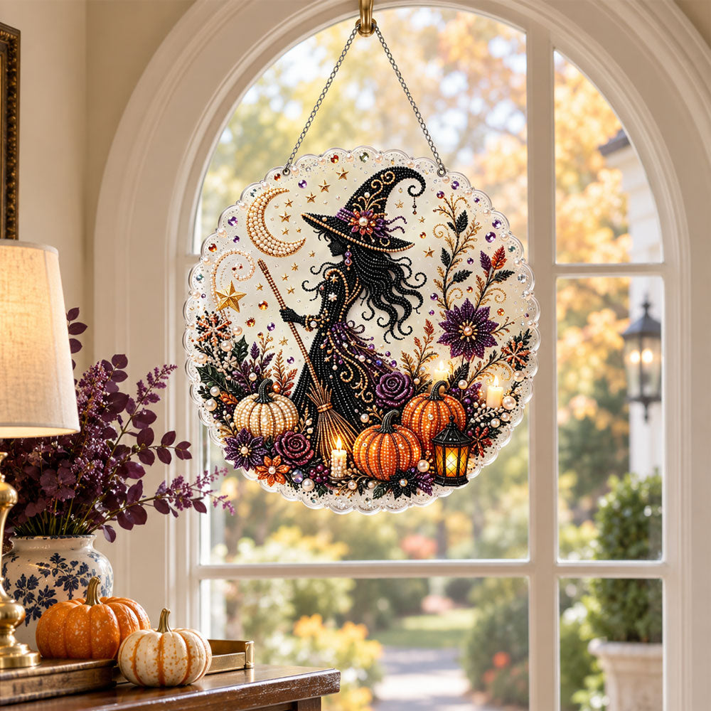 Finished elegant witch silhouette wreath decor pearl diamond painting artwork displayed as holiday home decor