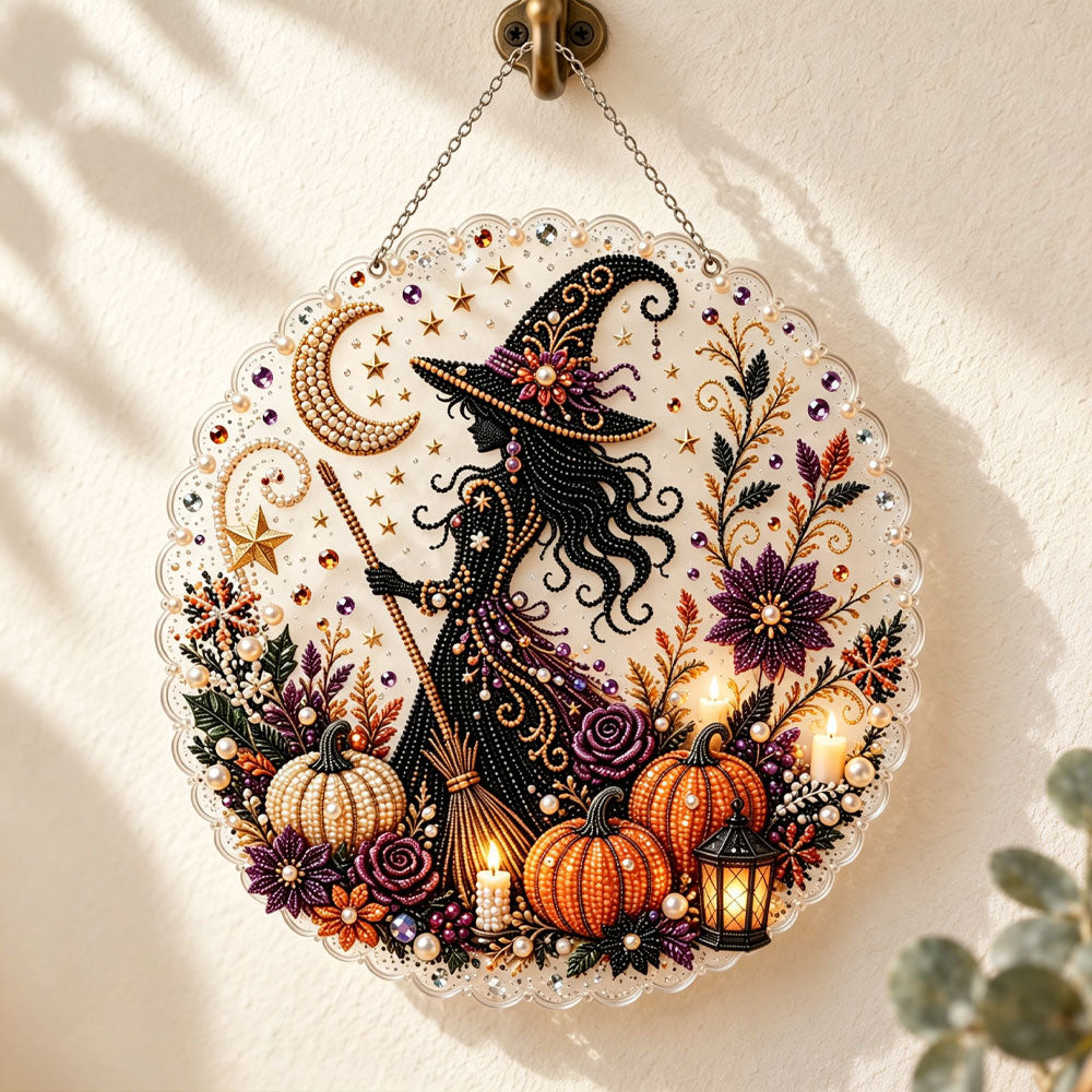 Elegant witch silhouette wreath decor pearl diamond painting kit for beginners