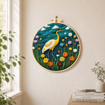 Elegant yellow heron among flowers needle felt wall art displayed in a bright home interior