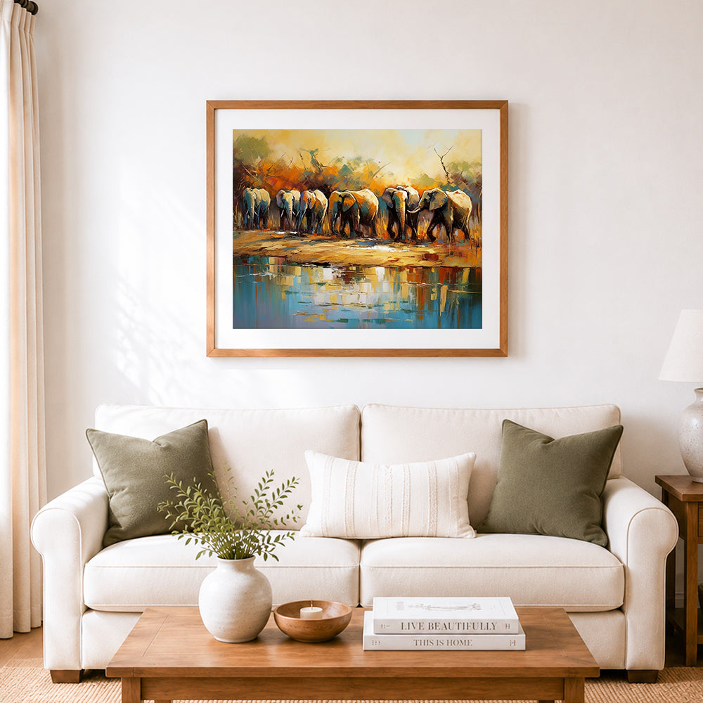 Finished elephant family by the water cross stitch artwork displayed as home decor