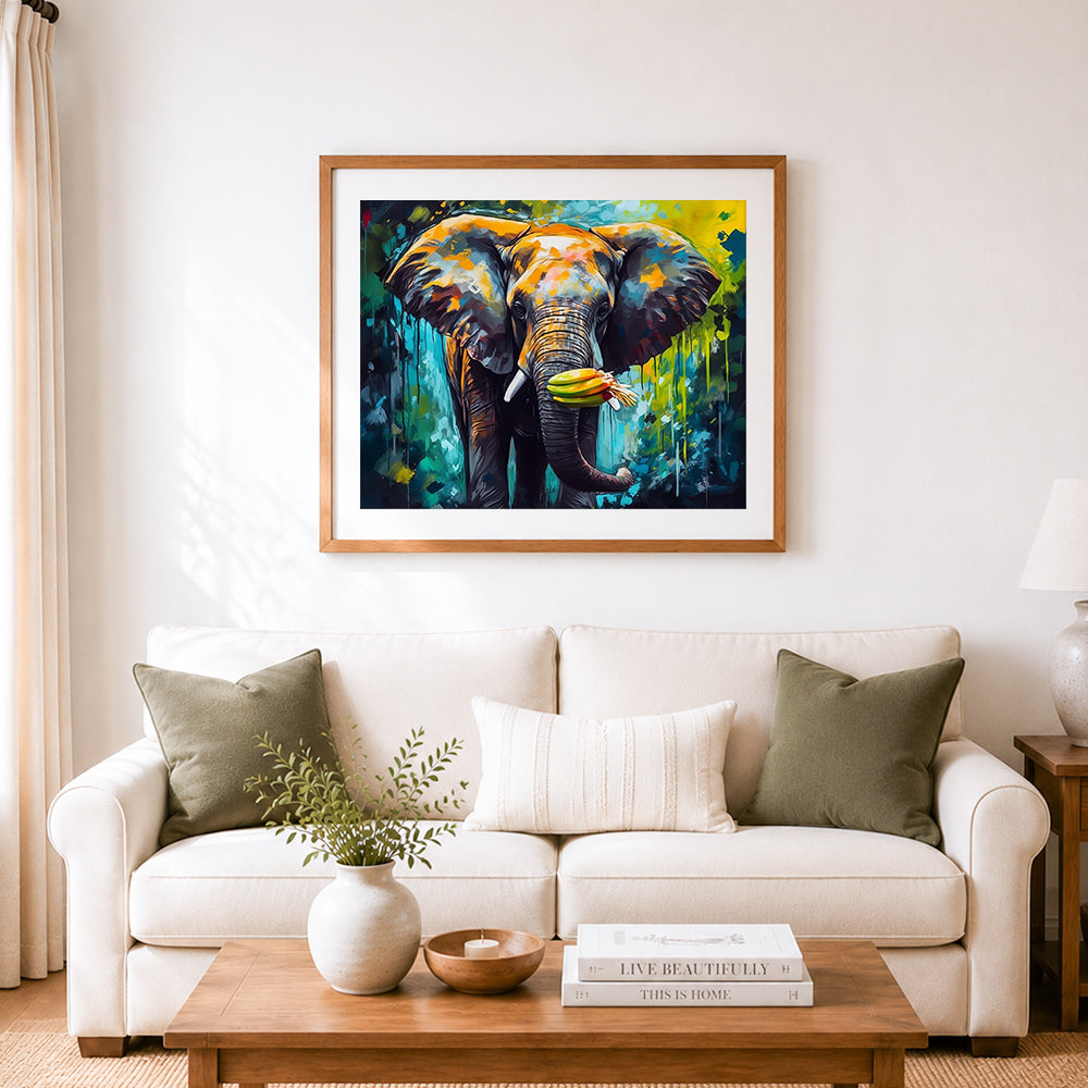 Finished elephant holding bananas cross stitch artwork displayed as home decor