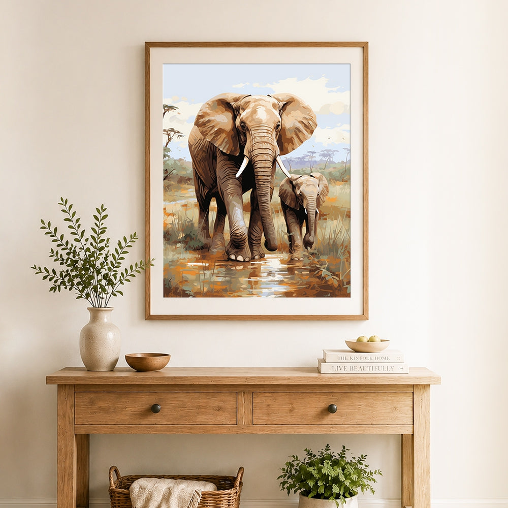 Finished elephant mother and calf on the grassland cross stitch artwork displayed as home decor
