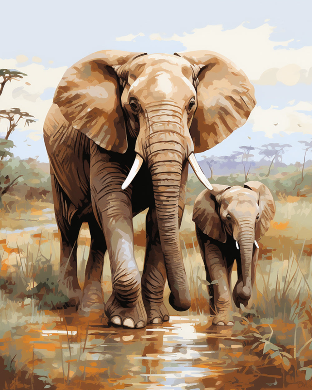Elephant mother and calf on the grassland cross stitch kit for beginners