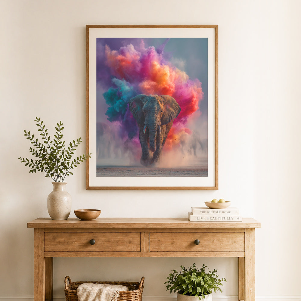 Finished elephant with holi color smoke cross stitch artwork displayed as home decor