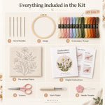 Everything included in the embroidery kit with hoop, threads, needles, pre-printed fabric, instructions and tools