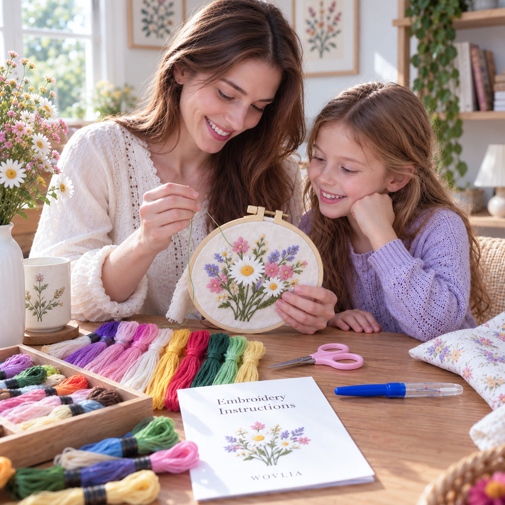 Mother and daughter enjoying a beginner-friendly embroidery project together at home