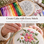 Relaxing embroidery process with pre-printed fabric, colorful threads and included tools