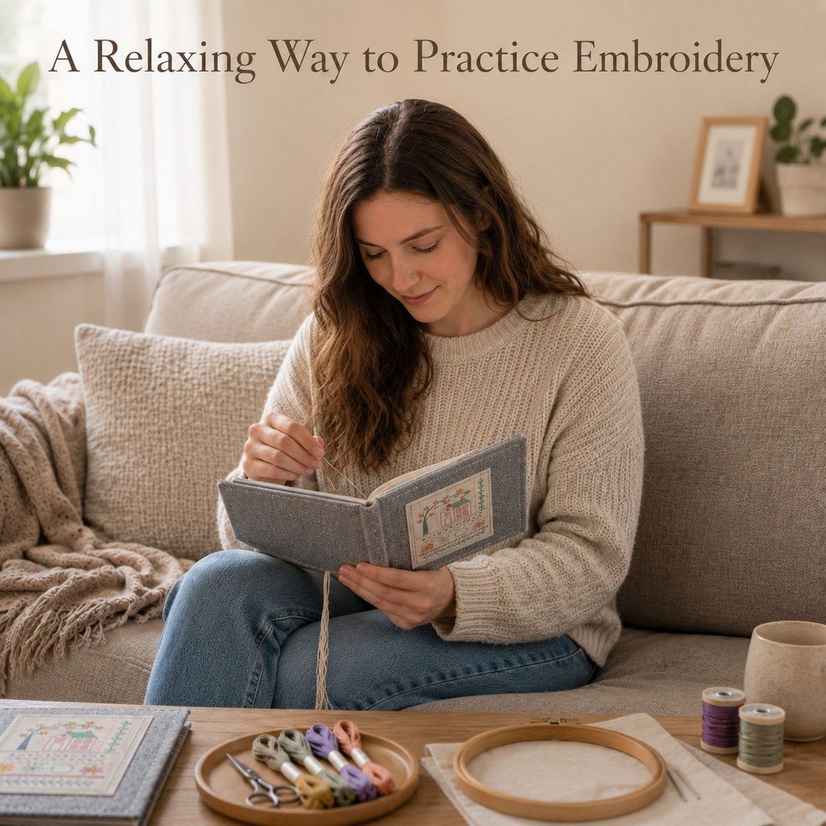 Woman using an embroidery stitch book for relaxing hand embroidery practice at home.