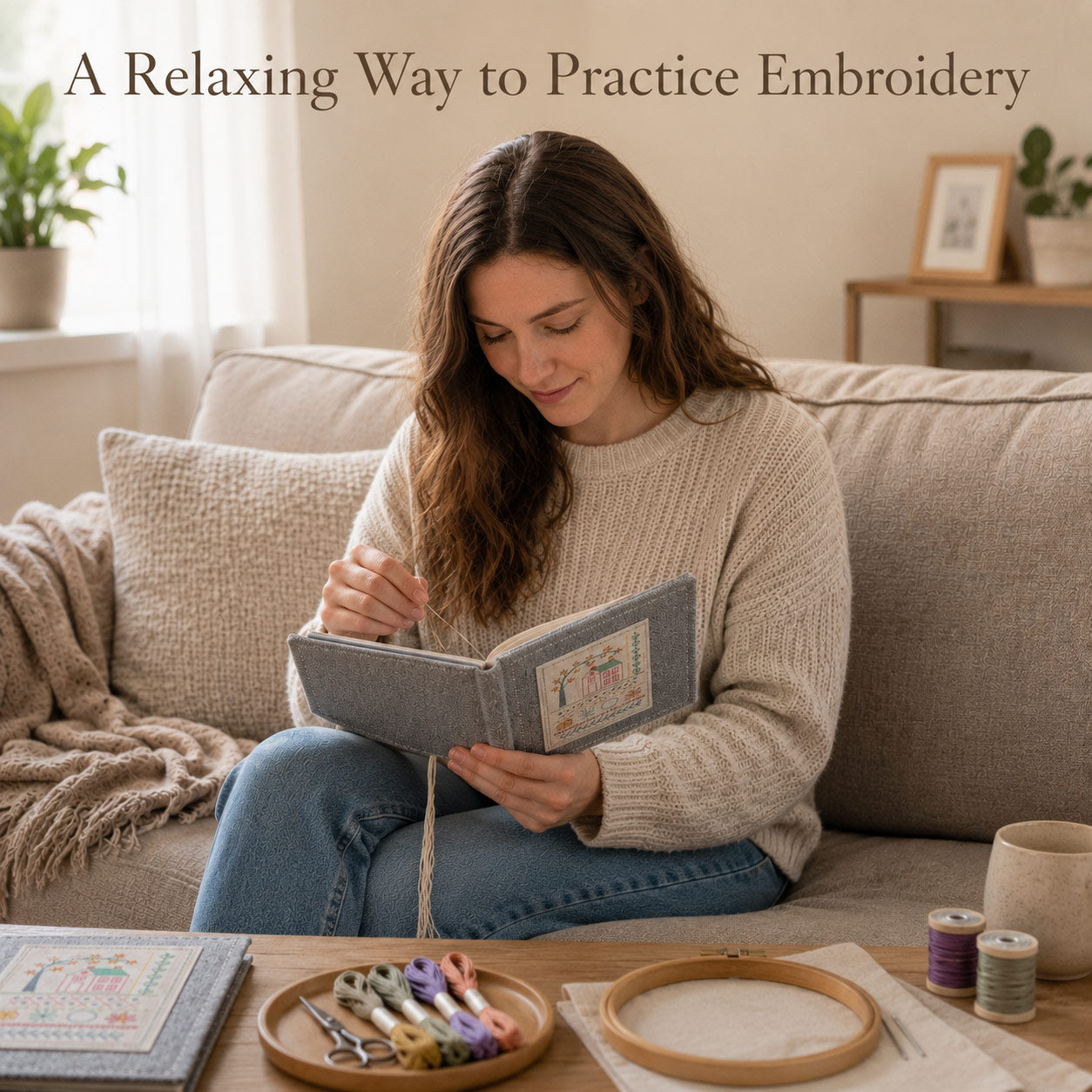 Woman using an embroidery stitch book for relaxing hand embroidery practice at home.