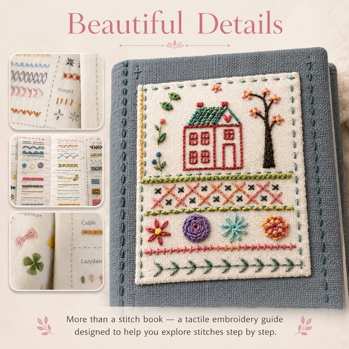 Close-up of embroidery stitch book pages showing detailed hand embroidery stitch techniques.