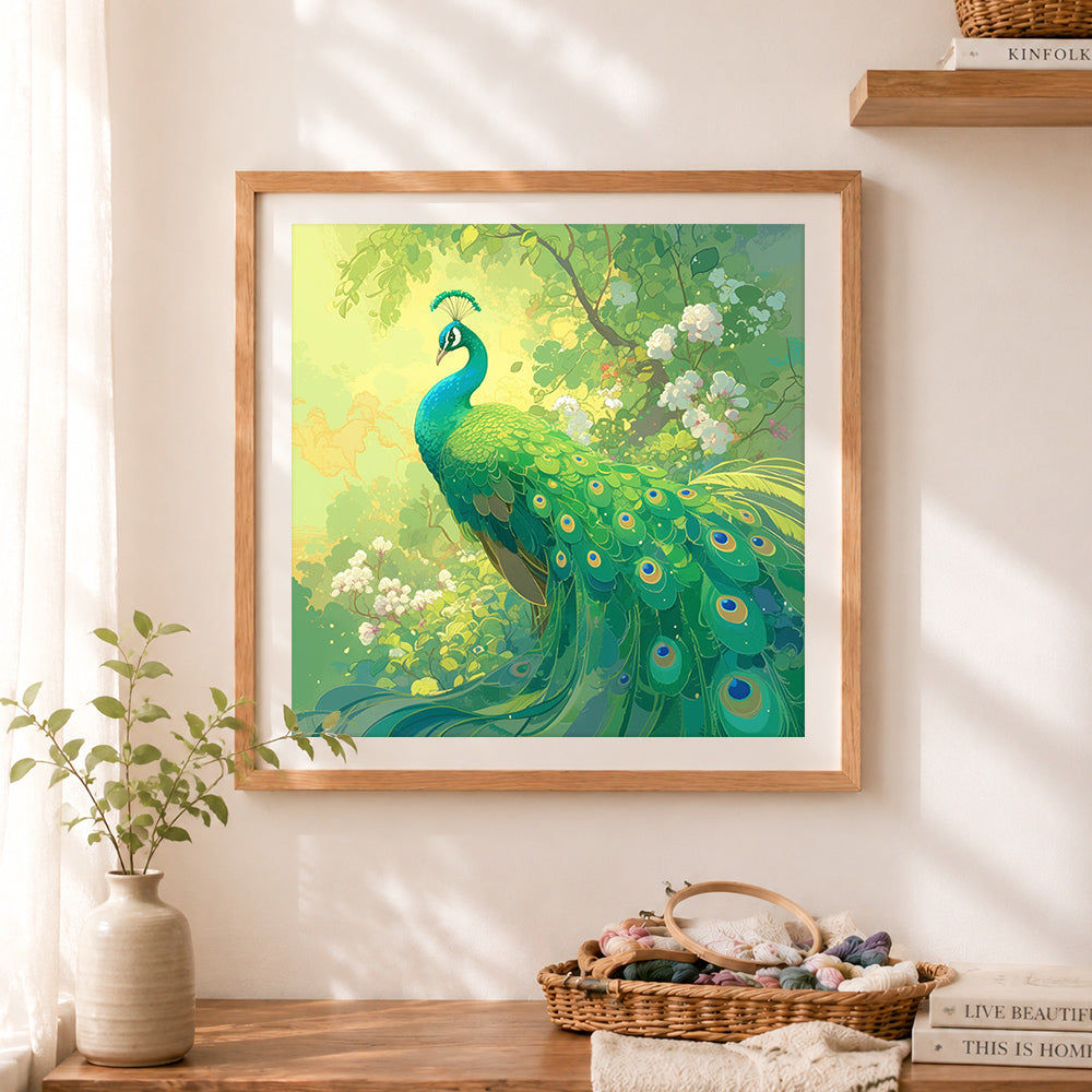 Finished emerald garden peacock cross stitch artwork displayed as home decor