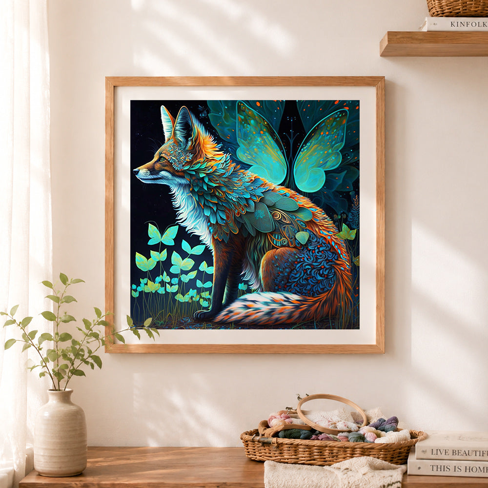 Finished enchanted butterfly fox cross stitch artwork displayed as home decor