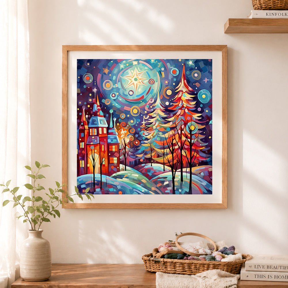 Finished enchanted cosmic christmas tree cross stitch artwork displayed as home decor
