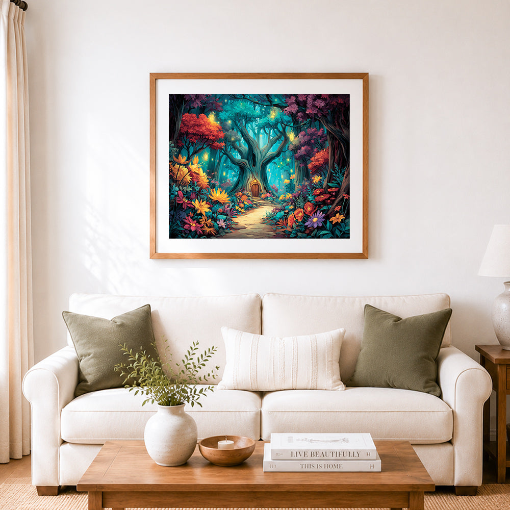 Finished enchanted fairy forest with giant trees cross stitch artwork displayed as home decor