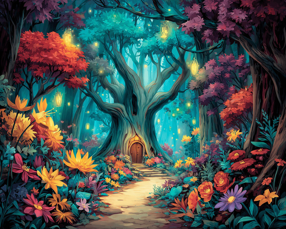 Enchanted fairy forest with giant trees cross stitch kit for beginners
