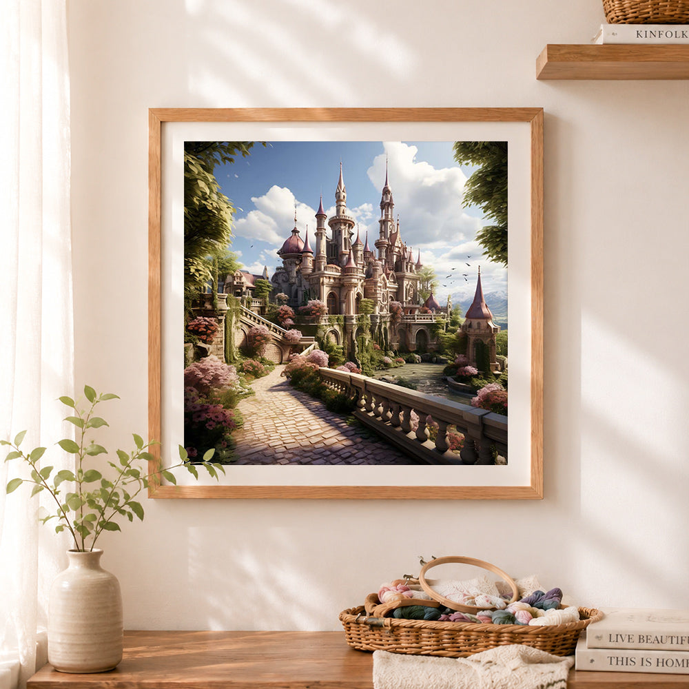 Finished enchanted fantasy castle garden cross stitch artwork displayed as home decor