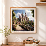 Finished enchanted fantasy castle garden cross stitch artwork displayed as home decor