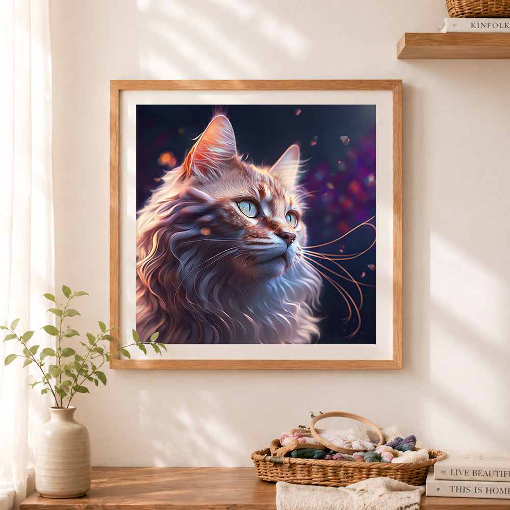 Finished enchanted forest cat cross stitch artwork displayed as home decor