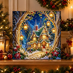 Finished enchanted forest christmas cottage pearl diamond painting artwork displayed as holiday home decor