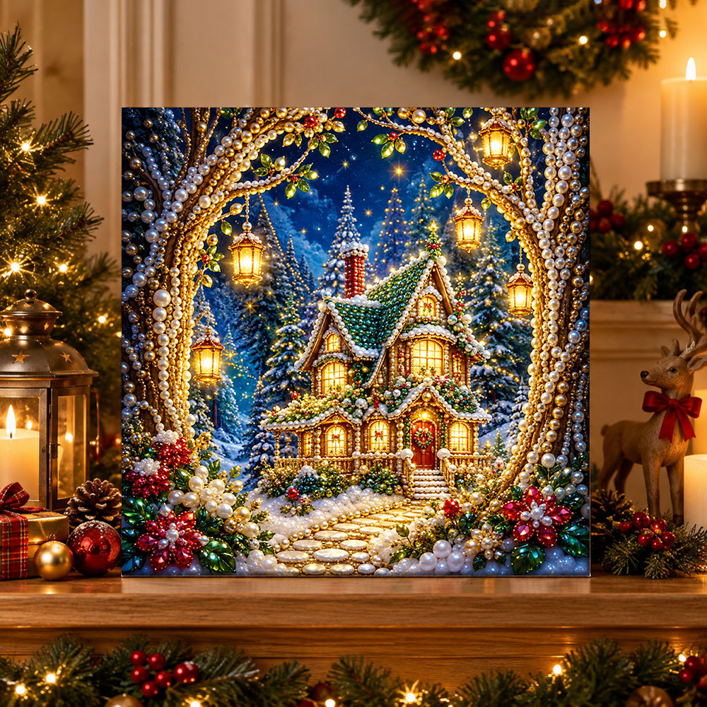 Finished enchanted forest christmas cottage pearl diamond painting artwork displayed as holiday home decor