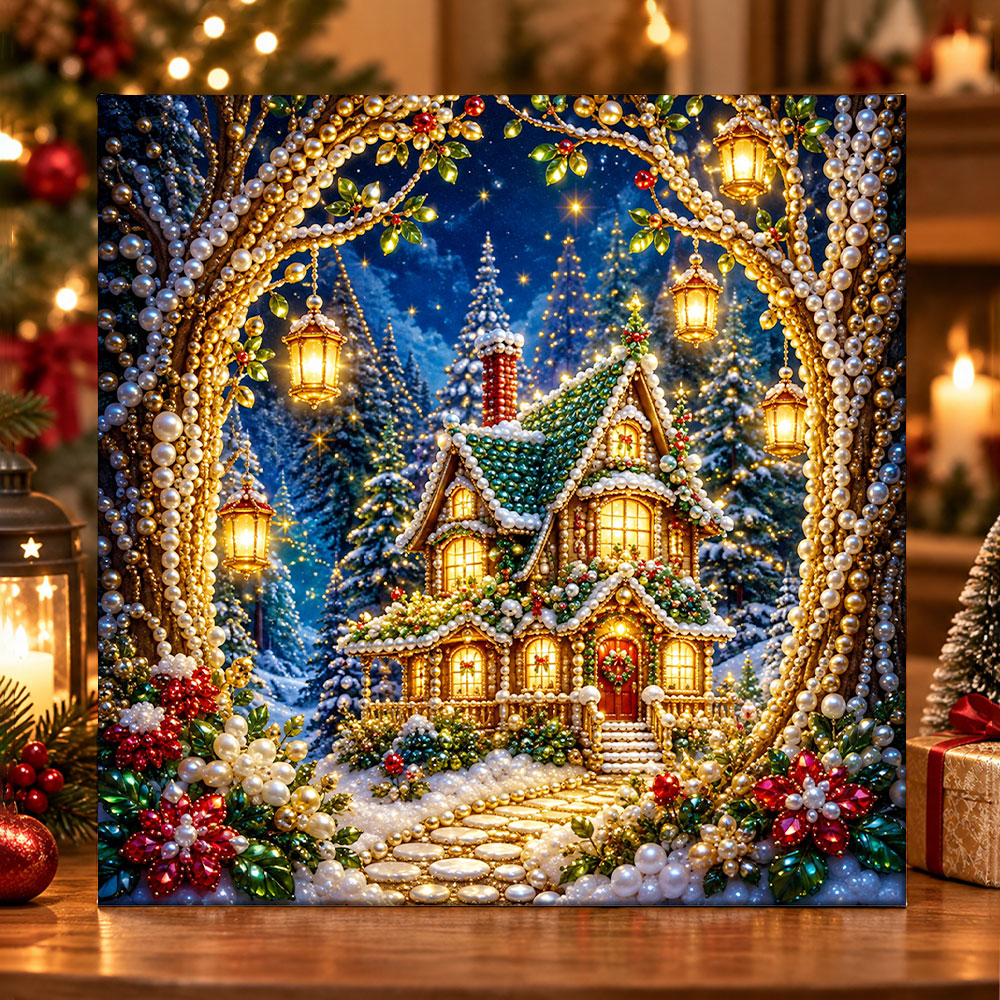Enchanted forest christmas cottage pearl diamond painting kit for beginners