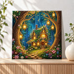 Finished enchanted forest fairy house pearl diamond painting artwork displayed as holiday home decor