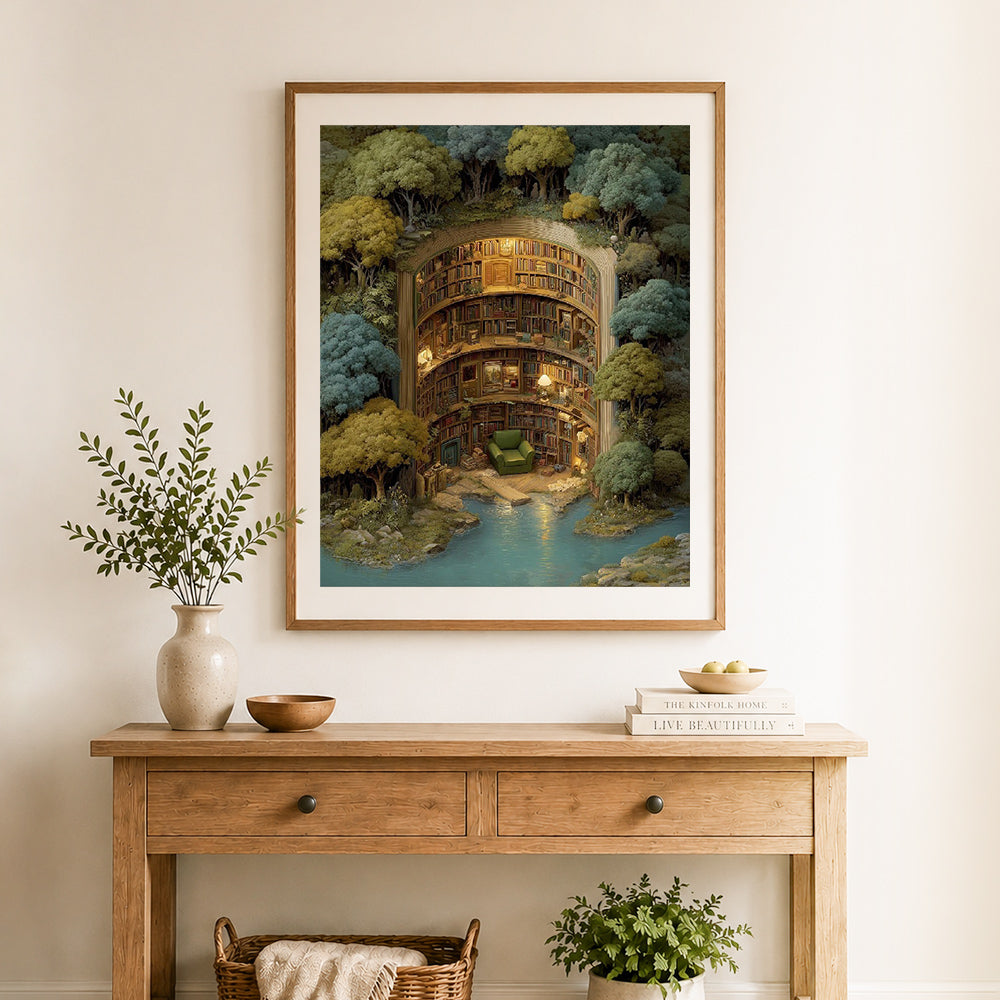 Finished enchanted forest library cross stitch artwork displayed as home decor