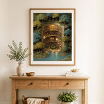 Finished enchanted forest library cross stitch artwork displayed as home decor
