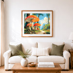 Finished enchanted giant mushrooms cross stitch artwork displayed as home decor