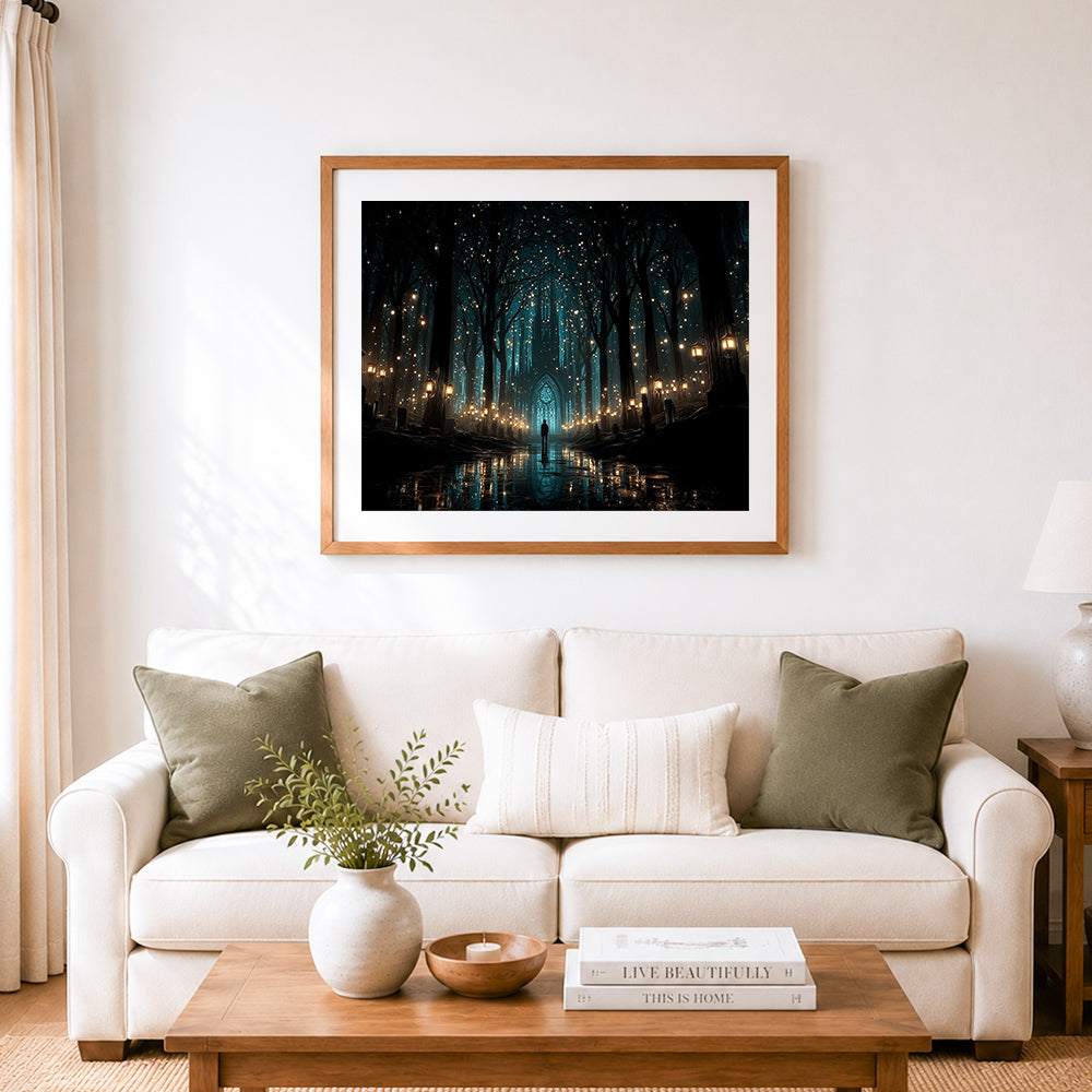 Finished enchanted glowing forest cross stitch artwork displayed as home decor