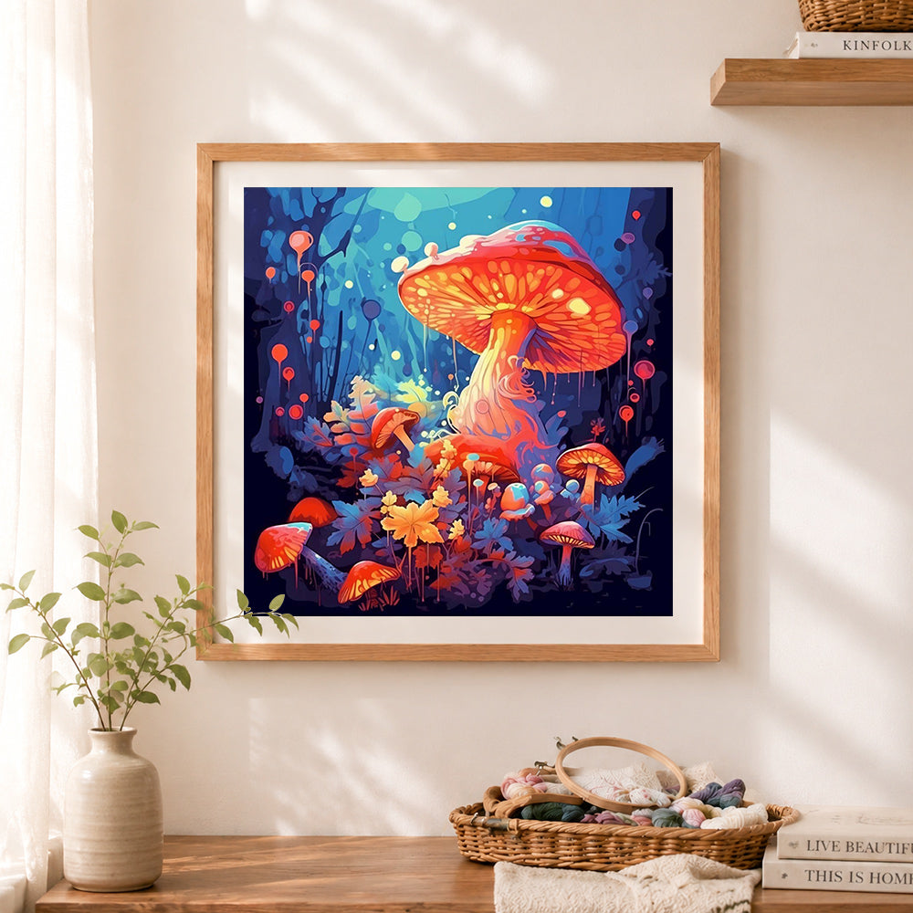 Finished enchanted glowing mushrooms cross stitch artwork displayed as home decor