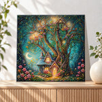 Finished enchanted moonlit treehouse pearl diamond painting artwork displayed as holiday home decor
